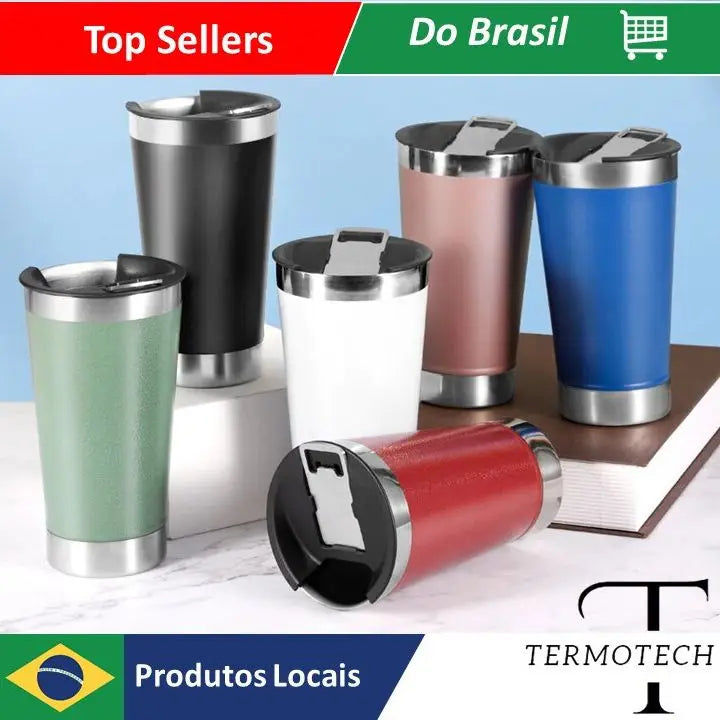 Copo Térmico de 473 ml com LÂMPADA e Abridor de Inox para Bebidas Quentes e Frias.